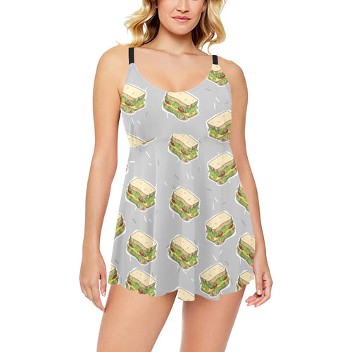 Sandwich Pattern Print Design 05 Chest Sexy Pleated Two Piece Swim Dress