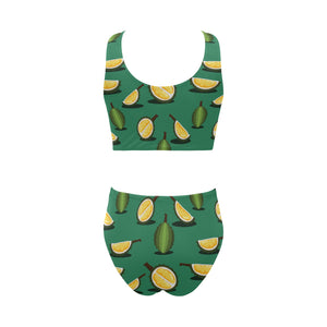 Durian pattern green background Chest Bowknot High Waisted Bikini Swimsuit