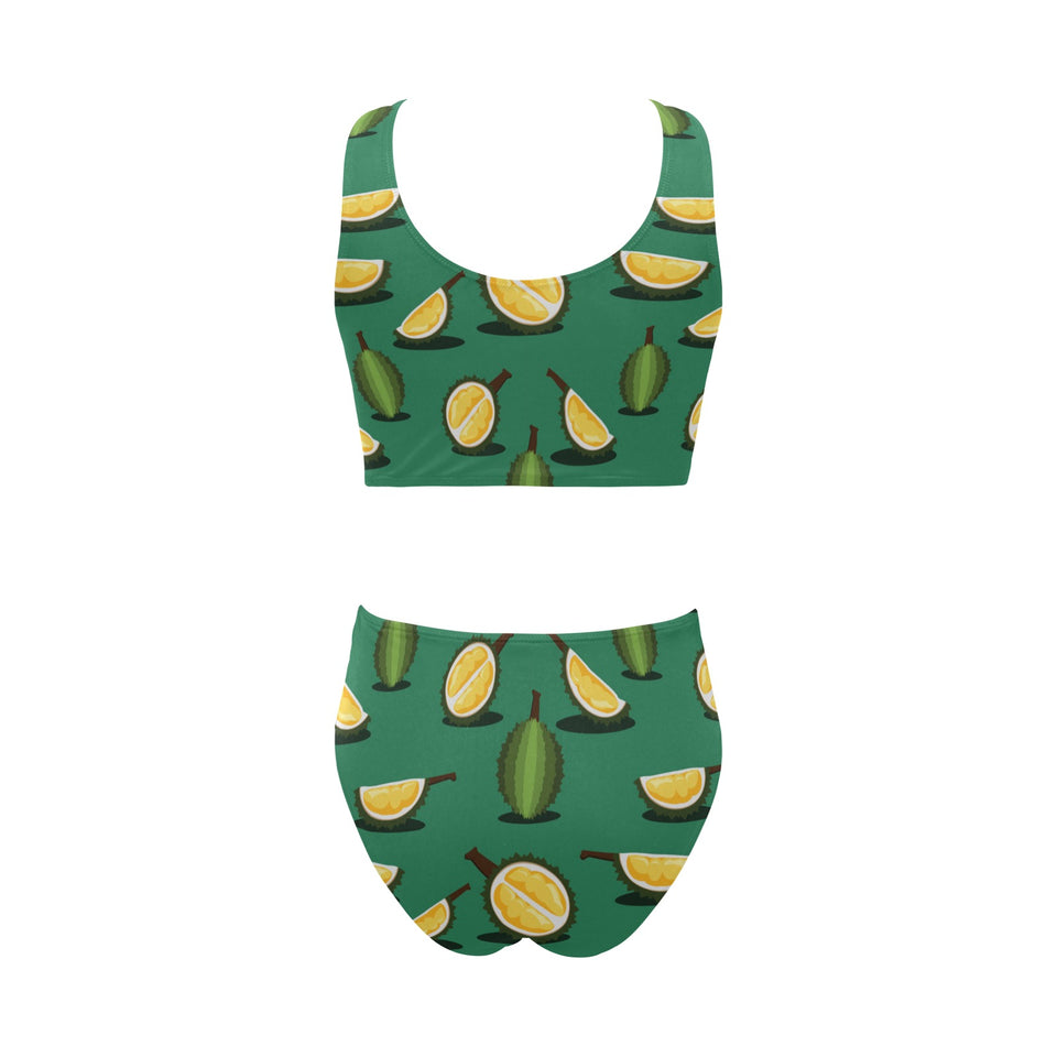 Durian pattern green background Chest Bowknot High Waisted Bikini Swimsuit