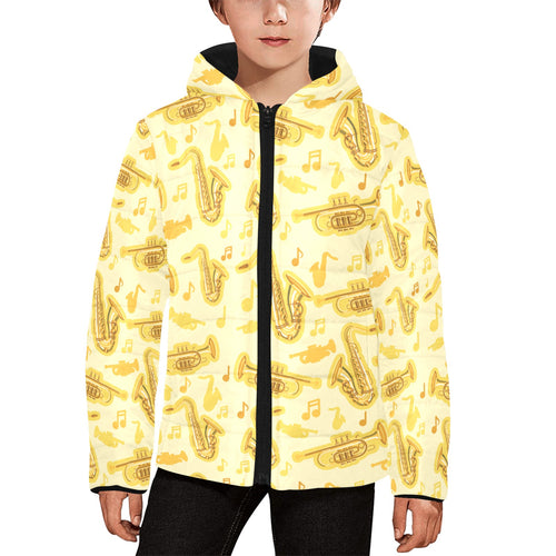 Saxophone cornet pattern yellow background Kids' Boys' Girls' Padded Hooded Jacket