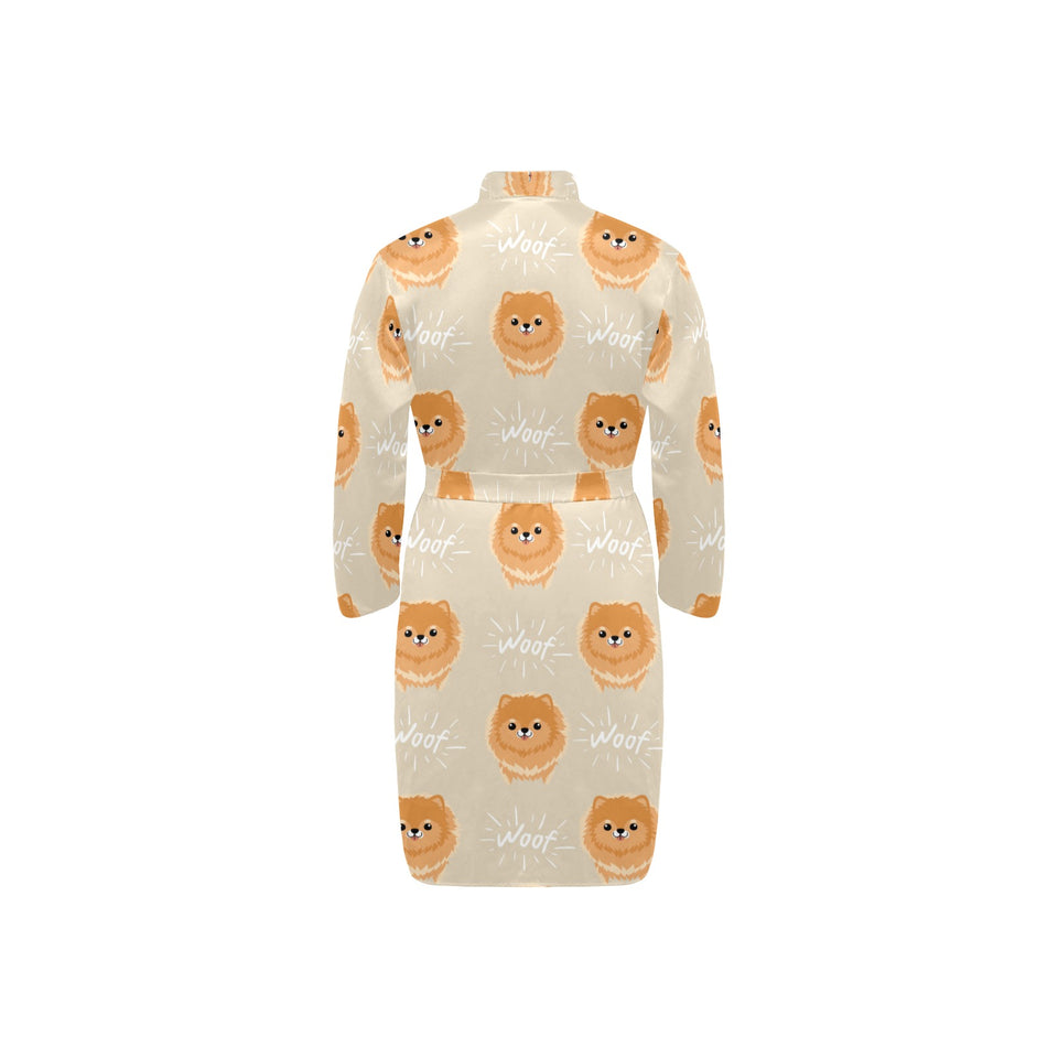 Cute brown pomeranian puppy on blue Men's Long Sleeve Belted Night Robe