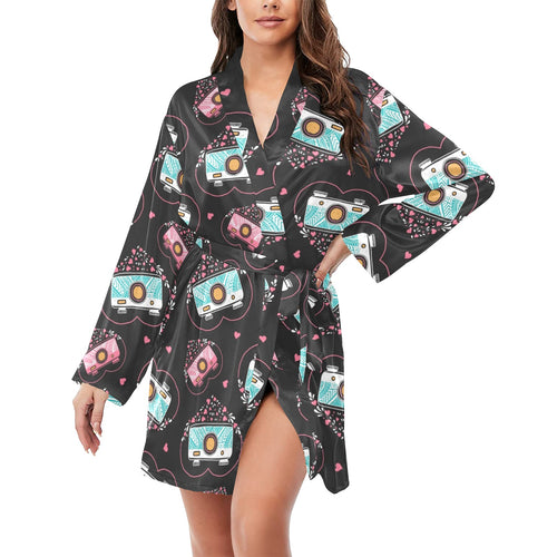 Camera Pattern Print Design 04 Women's Long Sleeve Belted Night Robe
