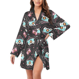 Camera Pattern Print Design 04 Women's Long Sleeve Belted Night Robe