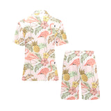 Pink flamingo birds pineapples hibiscus flower pat Men's V-Neck Short Pajama Set