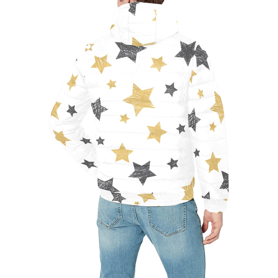 hand drawn gold black star pattern Men's Padded Hooded Jacket