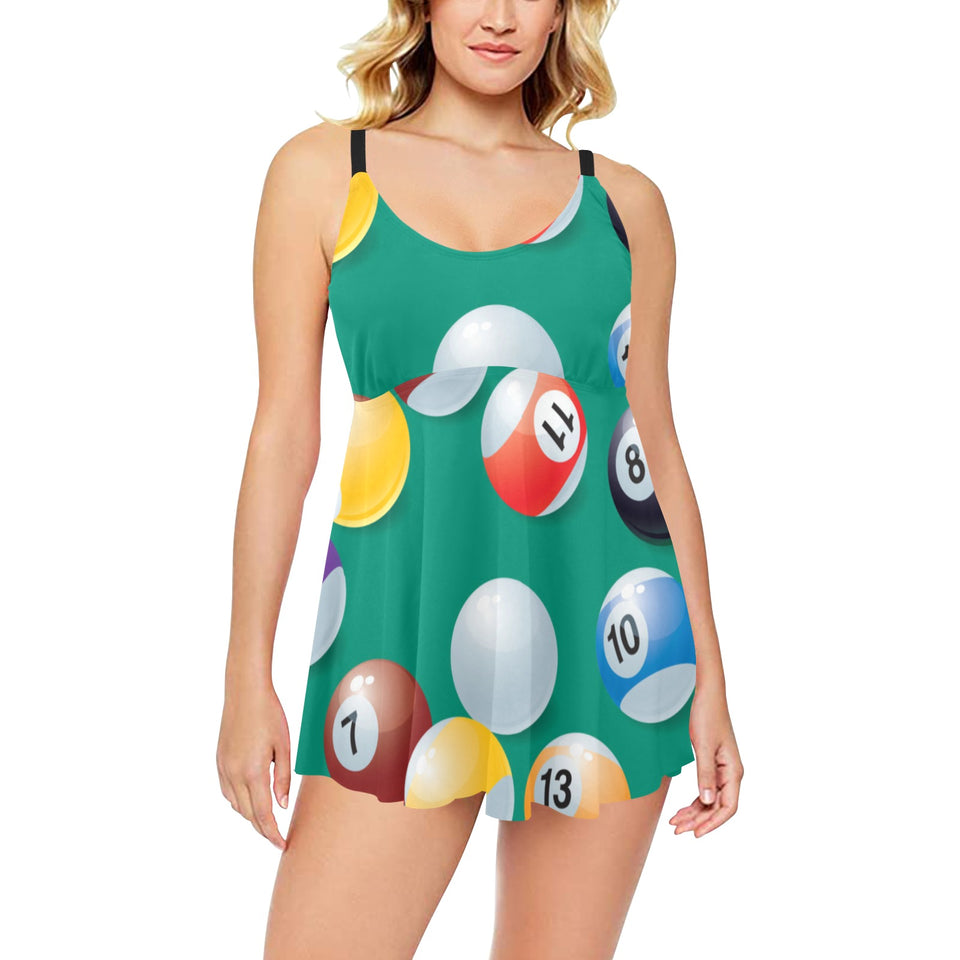 Billiard Ball Pattern Print Design 01 Chest Sexy Pleated Two Piece Swim Dress