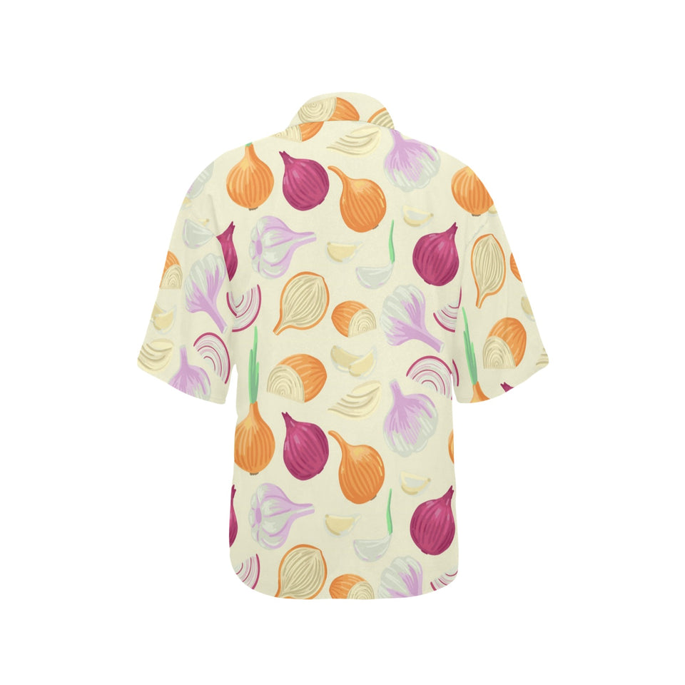 Onion garlic white red pattern Women's All Over Print Hawaiian Shirt