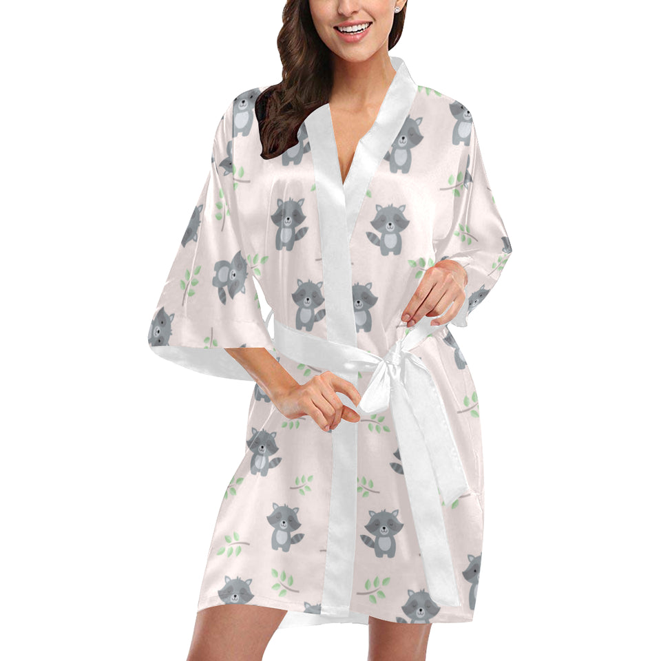 cute raccoons leaves pattern Women's Short Kimono Robe