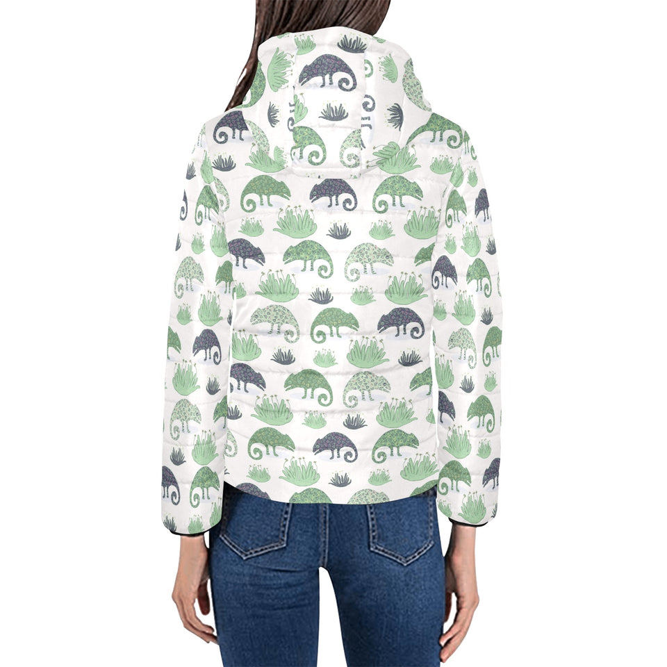 Chameleon lizard succulent plant pattern Women's Padded Hooded Jacket