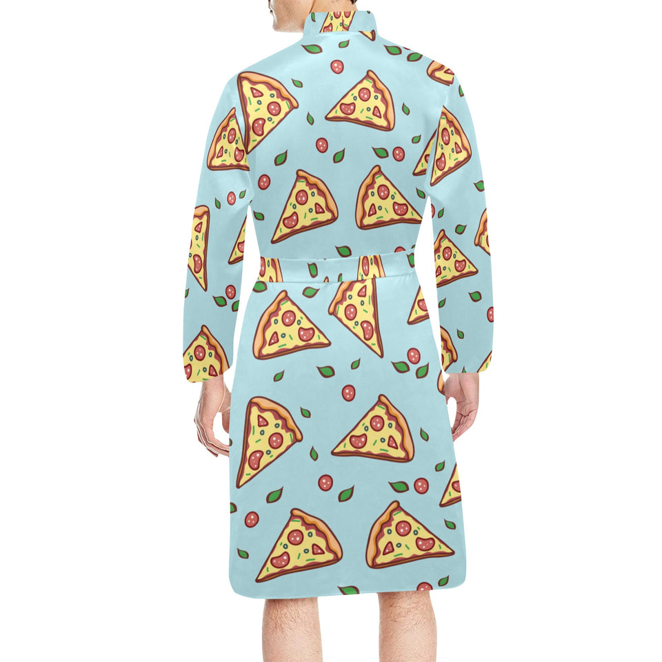Hand drawn pizza blue background Men's Long Sleeve Belted Night Robe