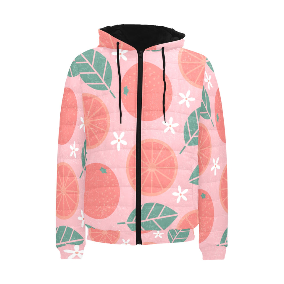 Grapefruit leaves flower pink background Men's Padded Hooded Jacket