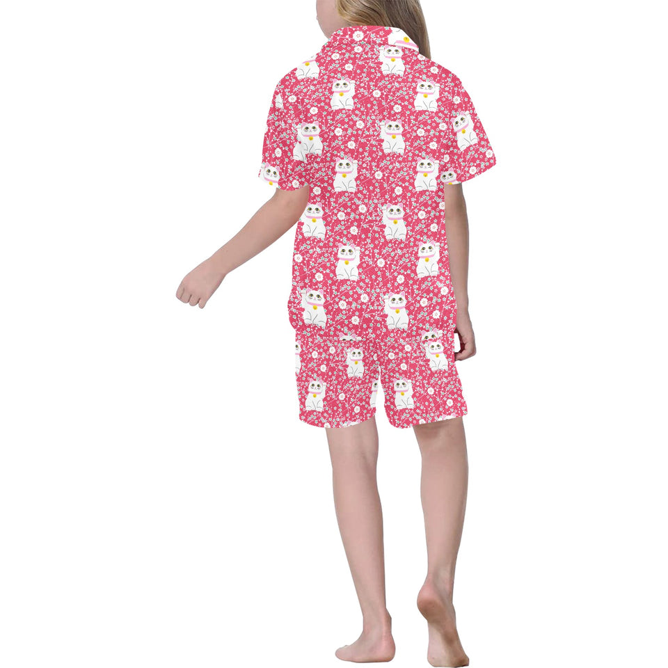 Maneki neko cat sakura pink background Kids' Boys' Girls' V-Neck Short Pajama Set