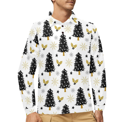 Christmas tree holly snow star pattern Men's Long Sleeve Polo Shirt