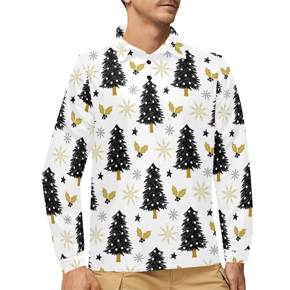 Christmas tree holly snow star pattern Men's Long Sleeve Polo Shirt
