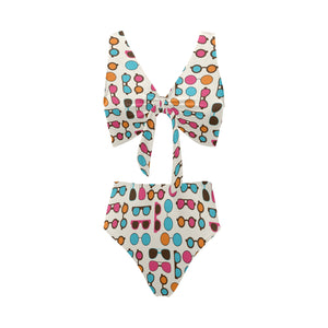 Sun Glasses Pattern Print Design 03 Chest Bowknot High Waisted Bikini Swimsuit