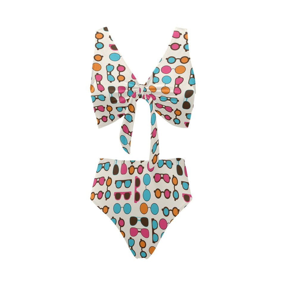 Sun Glasses Pattern Print Design 03 Chest Bowknot High Waisted Bikini Swimsuit