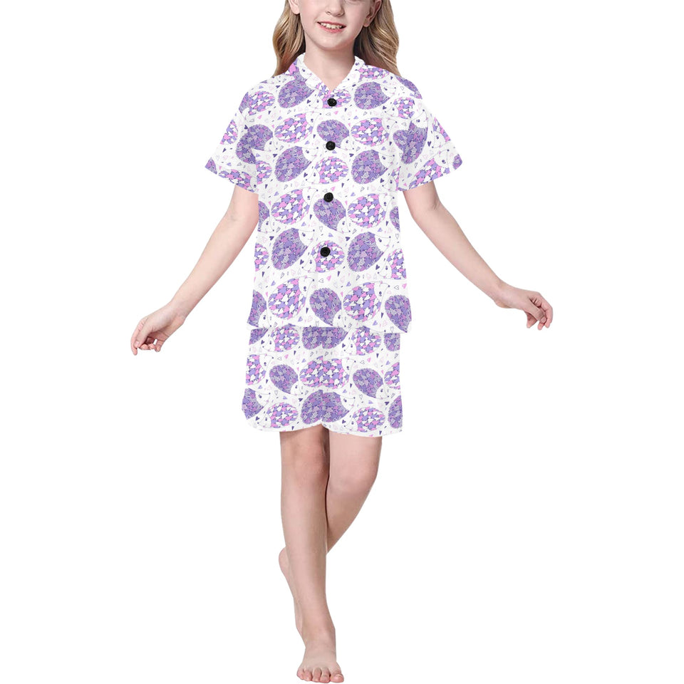 Hedgehog Pattern Print Design 05 Kids' Boys' Girls' V-Neck Short Pajama Set