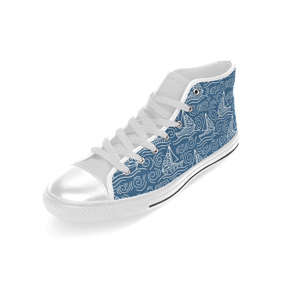 Hand drawn sailboat pattern Men's High Top Canvas Shoes White