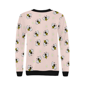 Cute bee flower pattern pink background Women's Crew Neck Sweatshirt