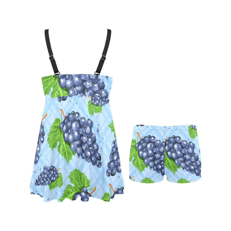 Watercolor grape pattern Chest Sexy Pleated Two Piece Swim Dress