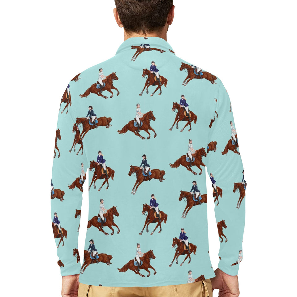 Horses running horses rider pattern Men's Long Sleeve Polo Shirt