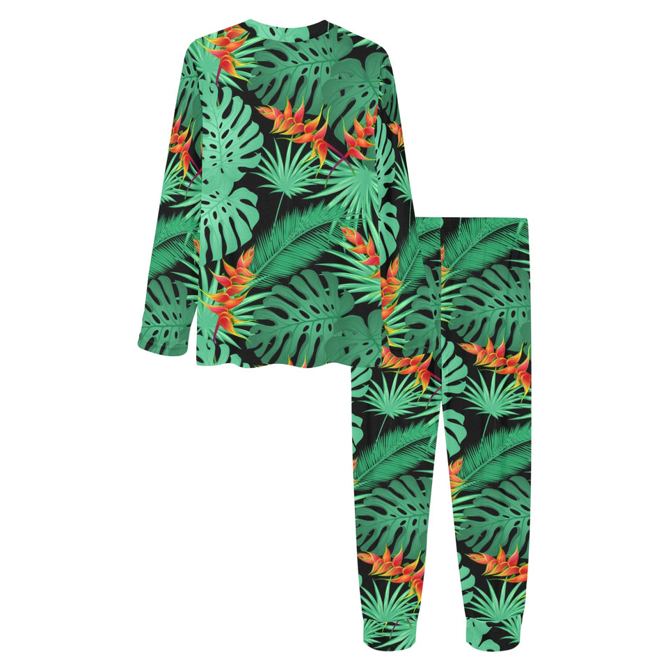 heliconia flower palm monstera leaves black backgr Women's All Over Print Pajama Set