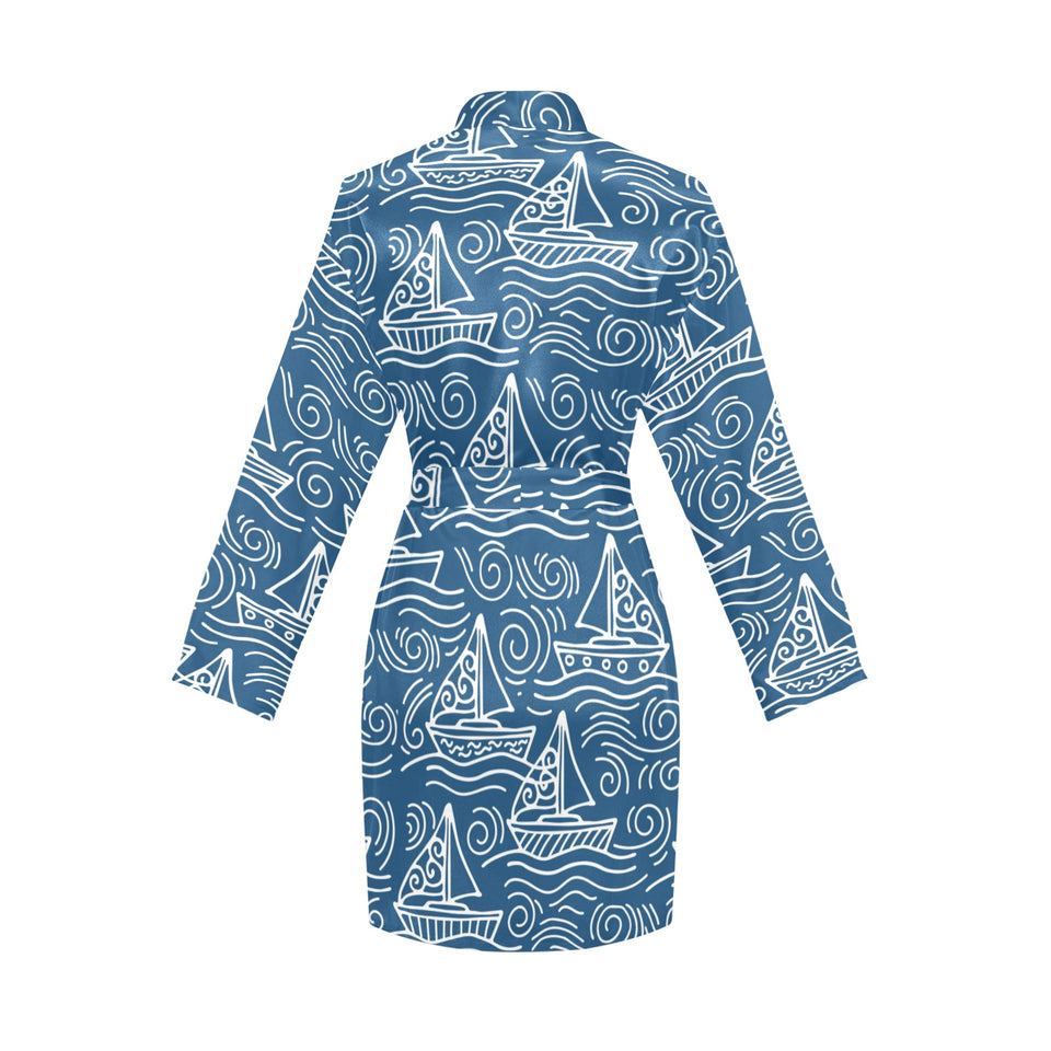 Hand drawn sailboat pattern Women's Long Sleeve Belted Night Robe