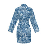 Hand drawn sailboat pattern Women's Long Sleeve Belted Night Robe