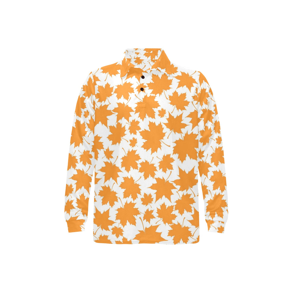 Orange Maple Leaf pattern Men's Long Sleeve Polo Shirt