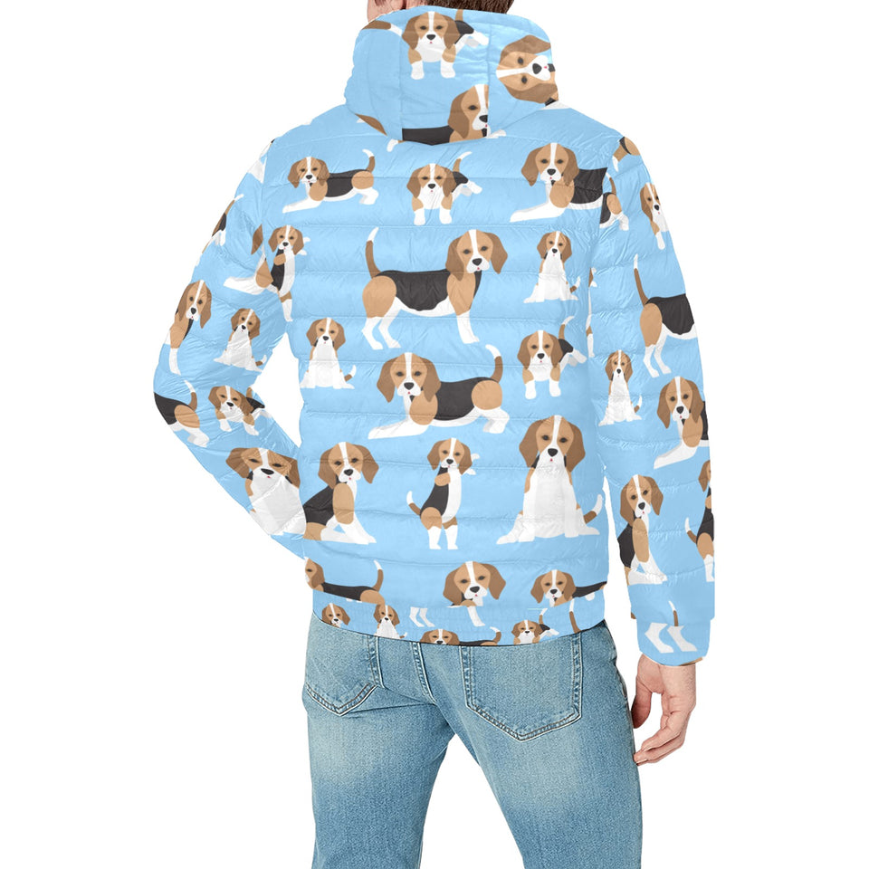 Beagle dog blue background pattern Men's Padded Hooded Jacket