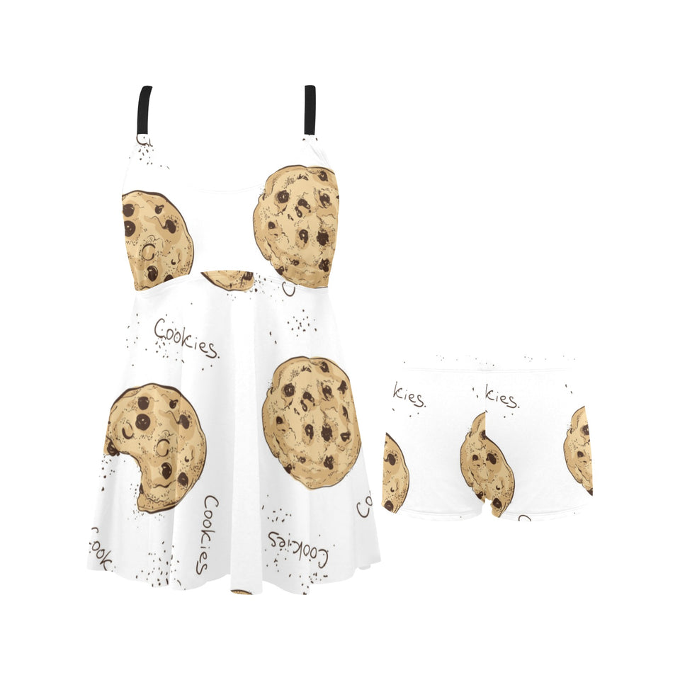 Sketch style cookie pattern Chest Sexy Pleated Two Piece Swim Dress