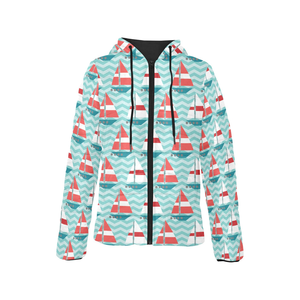 Red White sailboat wave background Women's Padded Hooded Jacket