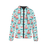 Red White sailboat wave background Women's Padded Hooded Jacket