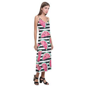 Watercolor paint textured watermelon pieces V-Neck Open Fork Long Dress