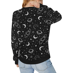 Hand drawn space rocket star planet Women's Crew Neck Sweatshirt