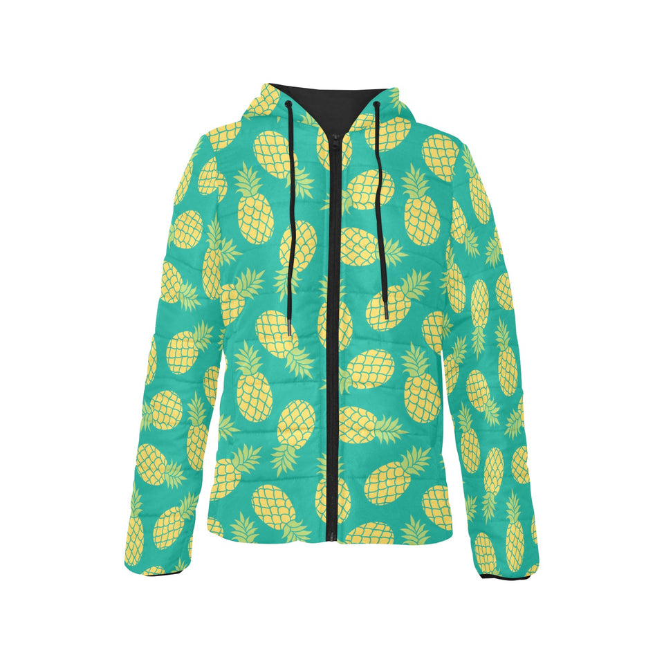 Pineapples pattern green background Women's Padded Hooded Jacket