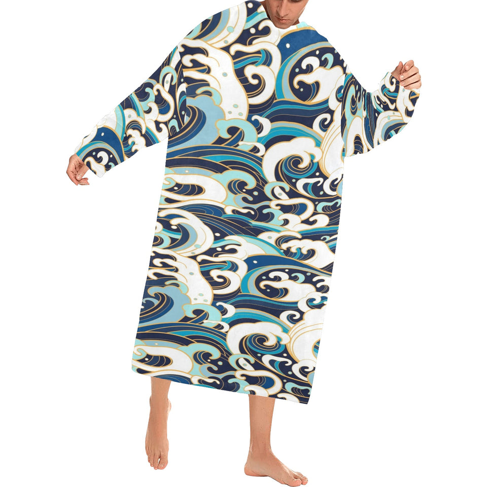 Japanese wave pattern Blanket Robe with Sleeves