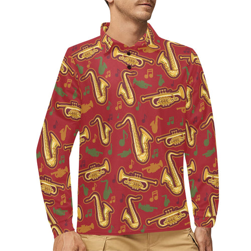Saxophone cornet pattern red background Men's Long Sleeve Polo Shirt