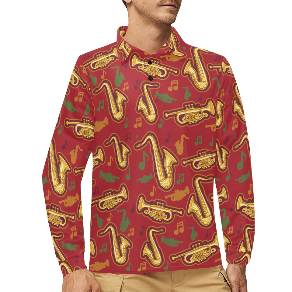 Saxophone cornet pattern red background Men's Long Sleeve Polo Shirt
