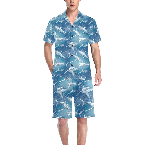 Shark hand drawn Men's V-Neck Short Pajama Set