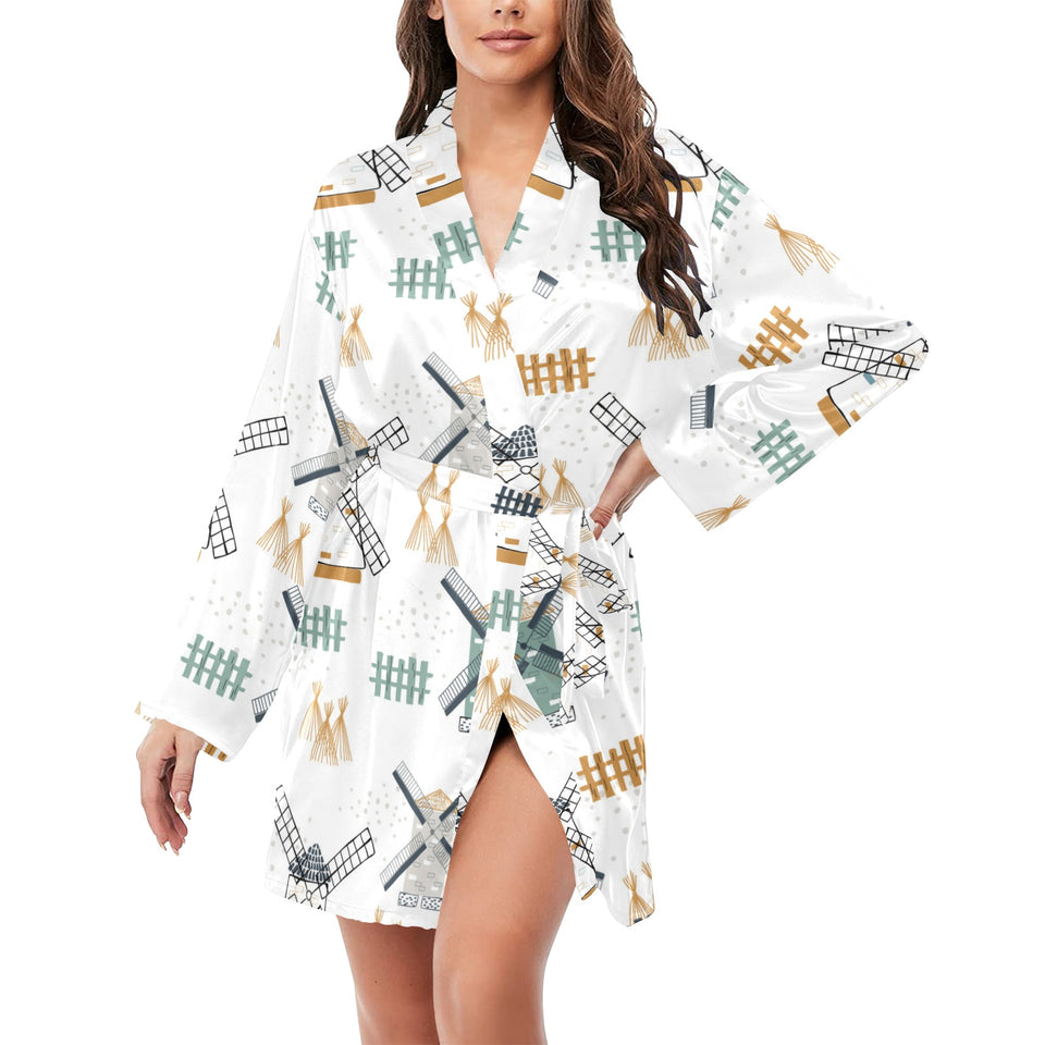 windmill pattern Women's Long Sleeve Belted Night Robe