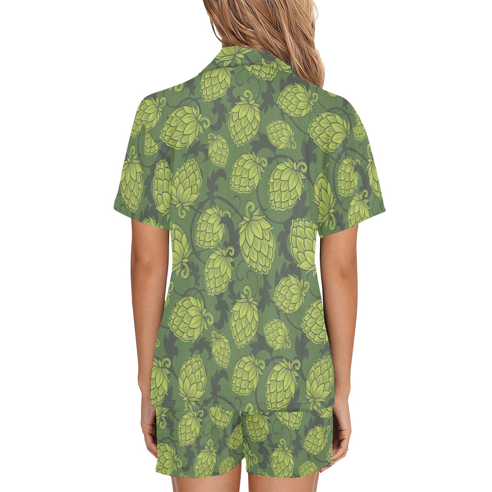 Hop pattern Hop cone background Women's V-Neck Short Pajama Set