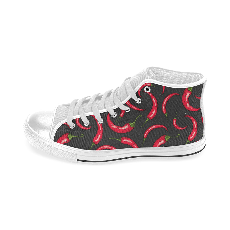 Chili peppers pattern black background Men's High Top Canvas Shoes White