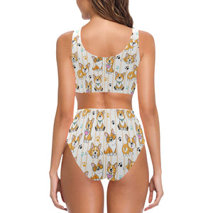 Cute dog corgi striped background pattern Chest Bowknot High Waisted Bikini Swimsuit