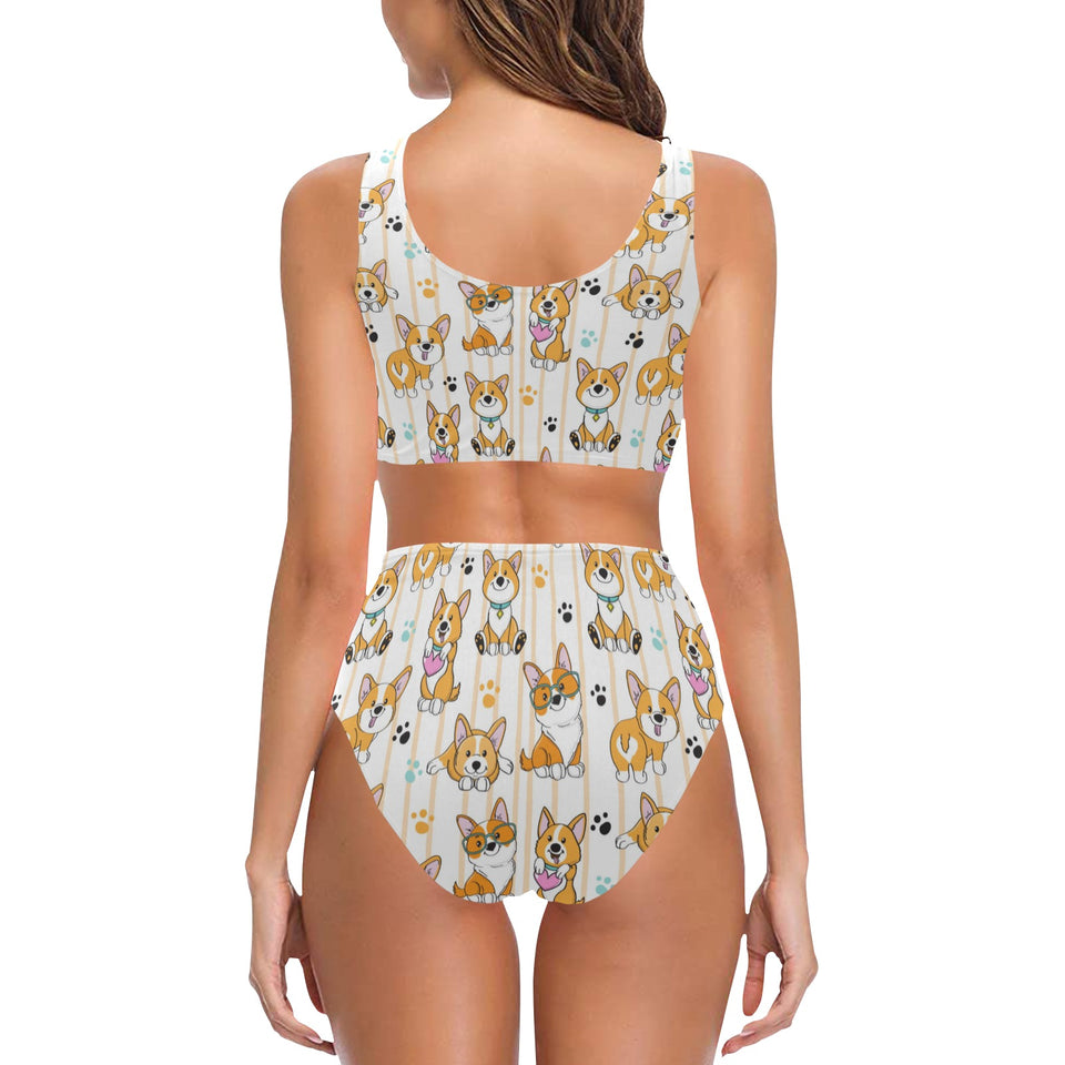 Cute dog corgi striped background pattern Chest Bowknot High Waisted Bikini Swimsuit