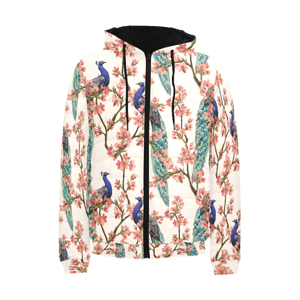 Peacock tropical flower pattern Men's Padded Hooded Jacket