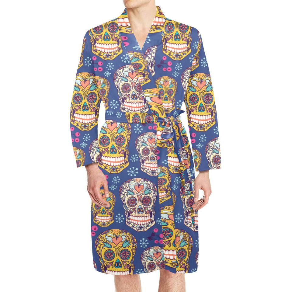 Sugar skull flower pattern Men's Long Sleeve Belted Night Robe