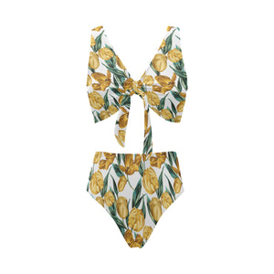 yellow tulips pattern Chest Bowknot High Waisted Bikini Swimsuit