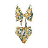 yellow tulips pattern Chest Bowknot High Waisted Bikini Swimsuit