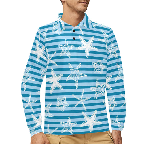 Starfish blue blackground Men's Long Sleeve Polo Shirt